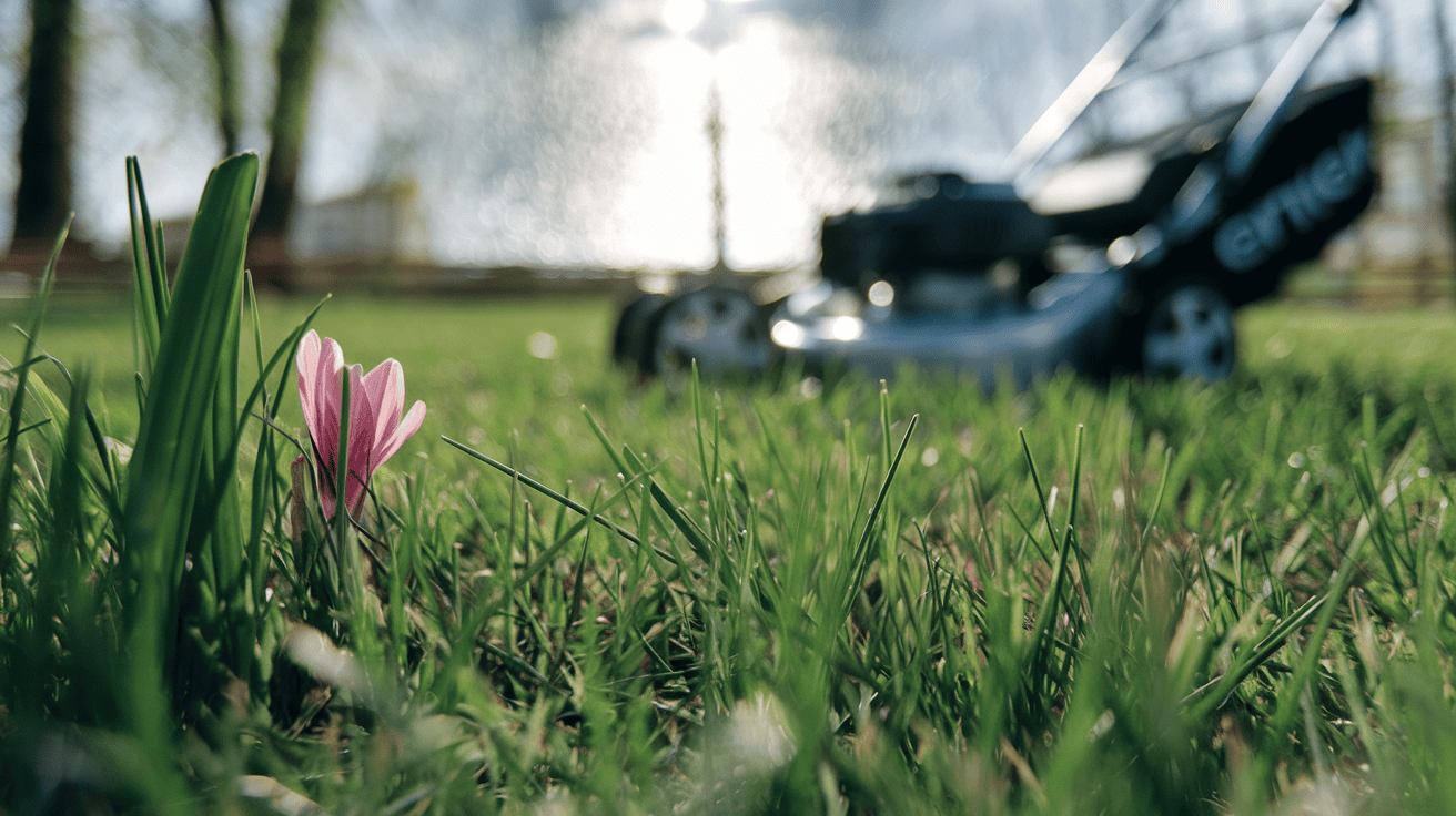 Pink flower near lawn mower on sunny day.